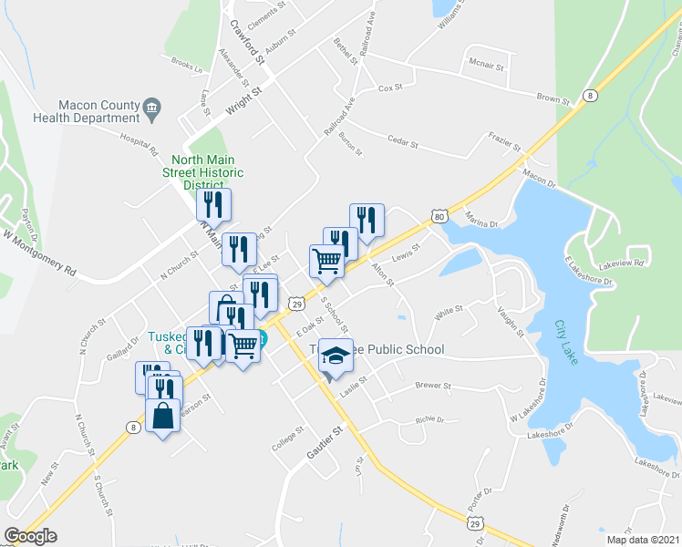 map of restaurants, bars, coffee shops, grocery stores, and more near 402 E Martin Luther King Hwy in Tuskegee