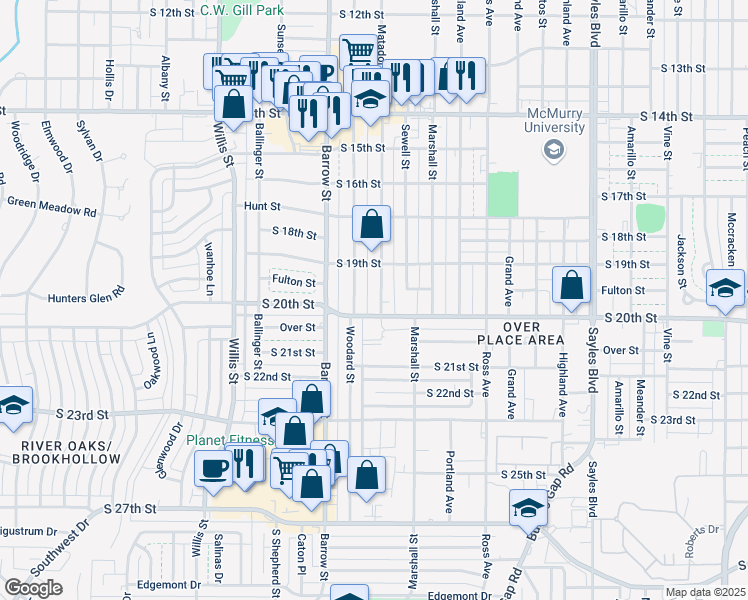 map of restaurants, bars, coffee shops, grocery stores, and more near 1966 Matador Street in Abilene