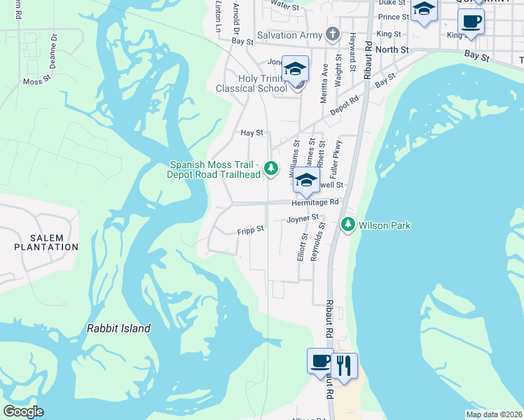 map of restaurants, bars, coffee shops, grocery stores, and more near 2500 Hermitage Road in Beaufort