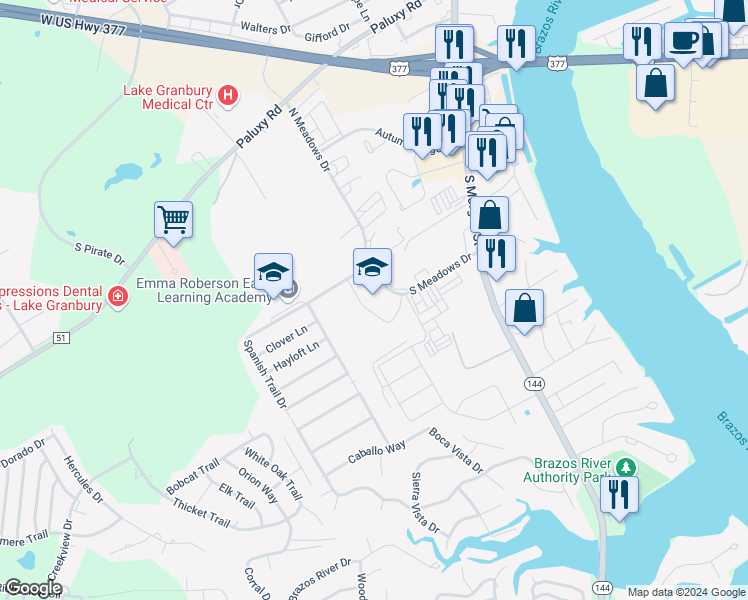 map of restaurants, bars, coffee shops, grocery stores, and more near 1520 South Meadows Drive in Granbury