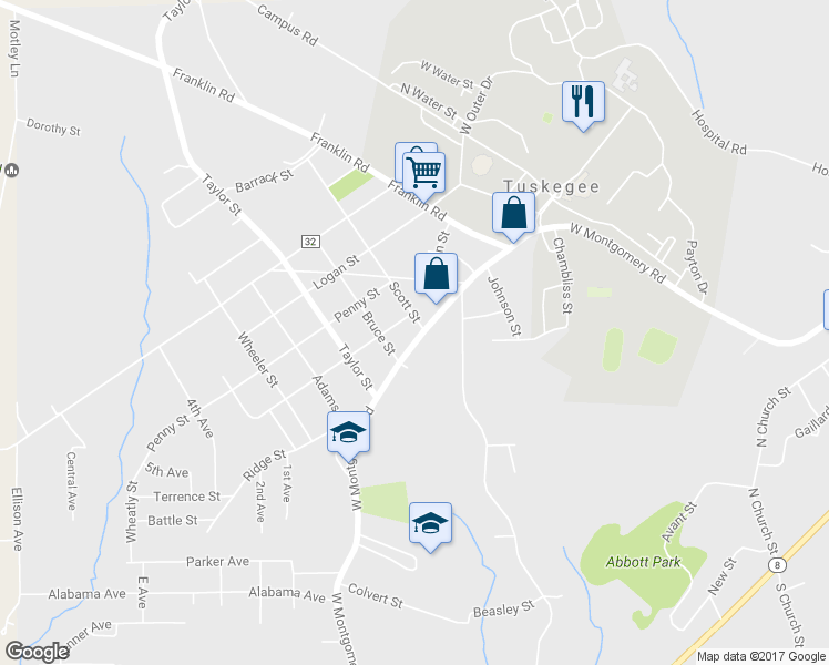 map of restaurants, bars, coffee shops, grocery stores, and more near 1704a West Montgomery Road in Tuskegee