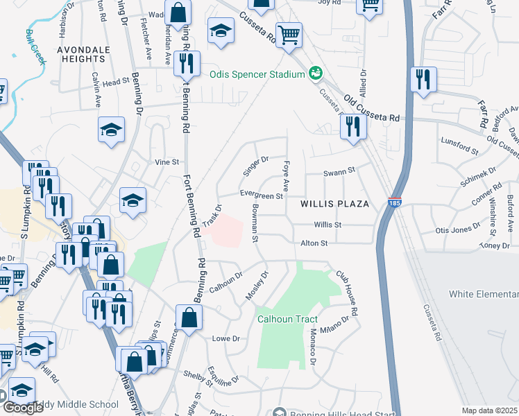 map of restaurants, bars, coffee shops, grocery stores, and more near 1514 Bowman Street in Columbus