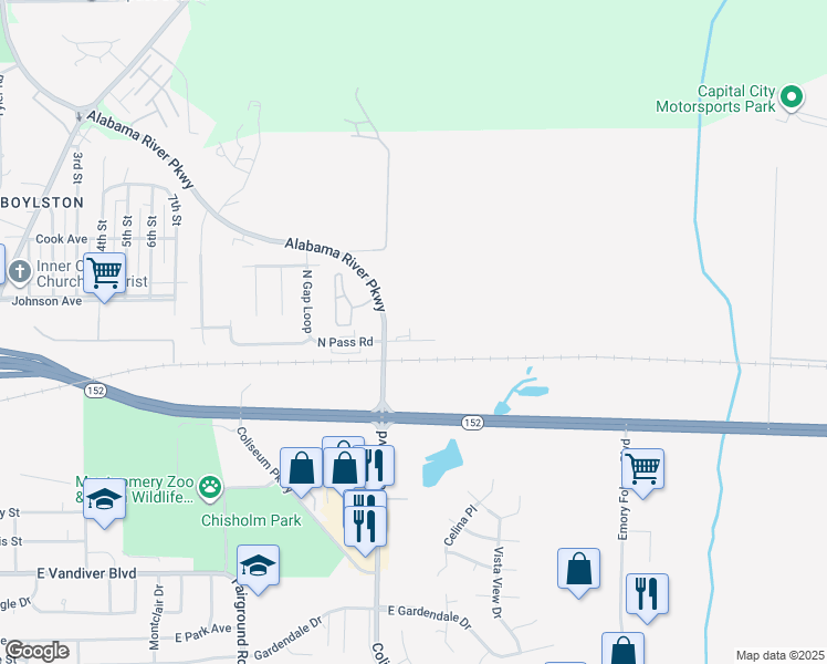 map of restaurants, bars, coffee shops, grocery stores, and more near 669 North Pass Road in Montgomery