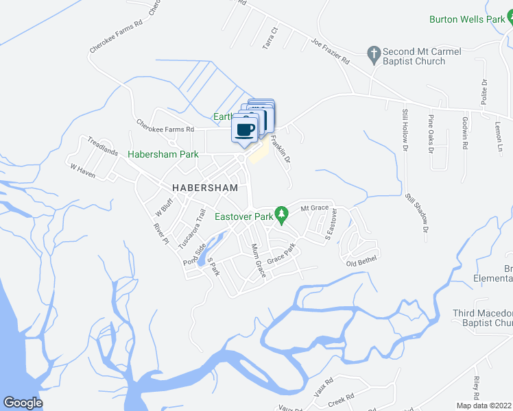 map of restaurants, bars, coffee shops, grocery stores, and more near 35 Saint Phillips Boulevard in Beaufort