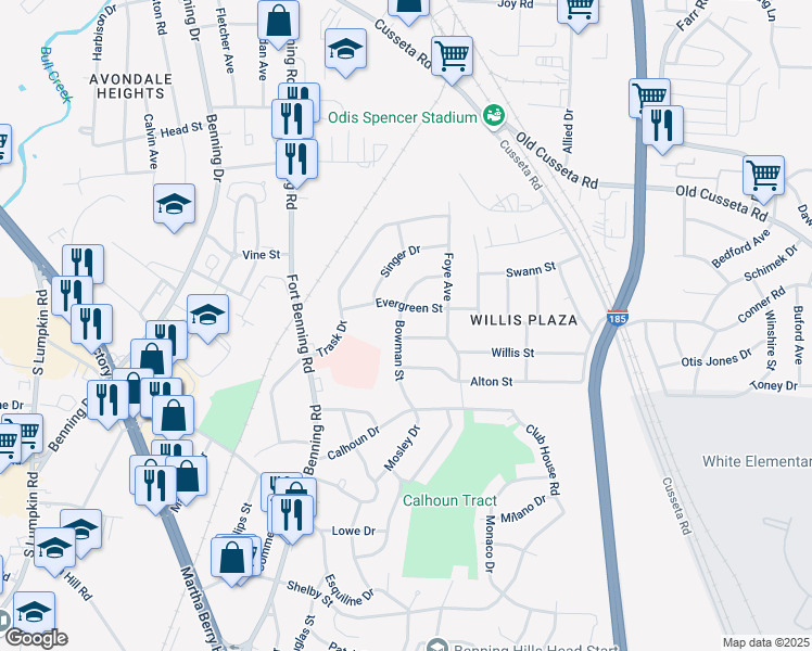 map of restaurants, bars, coffee shops, grocery stores, and more near 1514 Bowman Street in Columbus