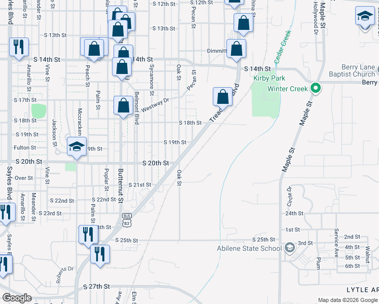 map of restaurants, bars, coffee shops, grocery stores, and more near 1920 South Treadaway Boulevard in Abilene