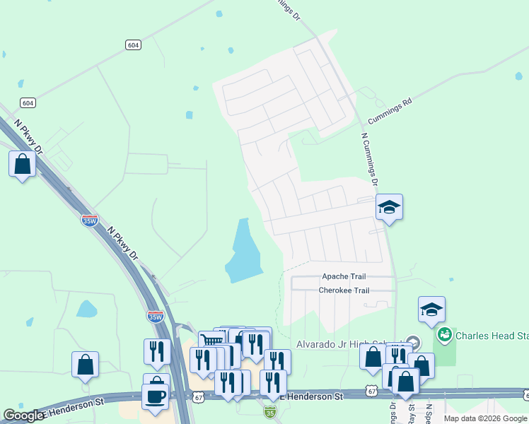 map of restaurants, bars, coffee shops, grocery stores, and more near 705 Lakeview Dr in Alvarado