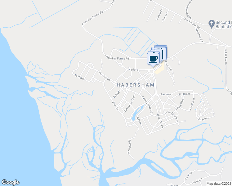 map of restaurants, bars, coffee shops, grocery stores, and more near 6 West Bluff in Beaufort