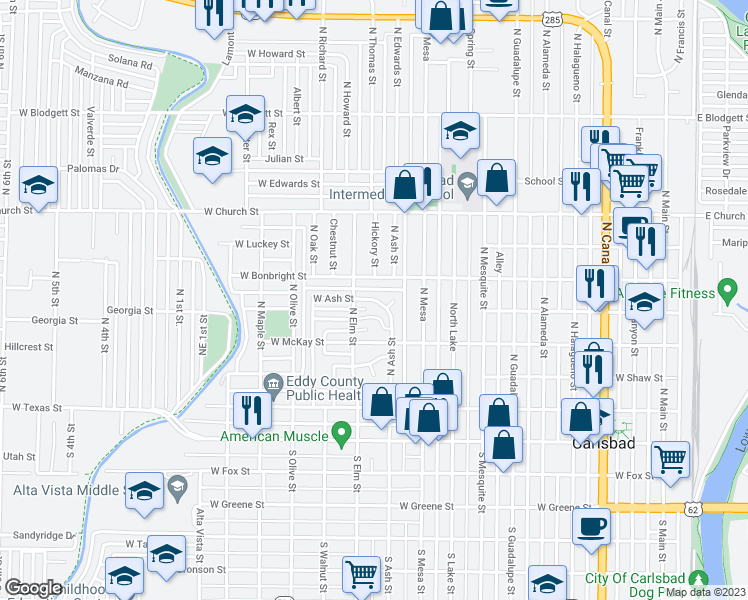 map of restaurants, bars, coffee shops, grocery stores, and more near 514 North Ash Street in Carlsbad