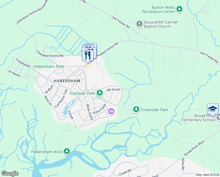 map of restaurants, bars, coffee shops, grocery stores, and more near 13 Mount Grace in Beaufort