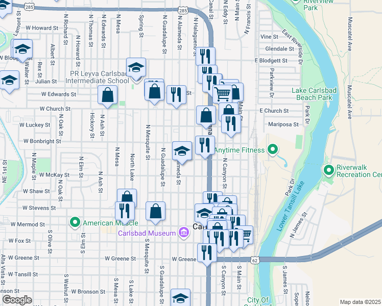 map of restaurants, bars, coffee shops, grocery stores, and more near 505 North Halagueno Street in Carlsbad