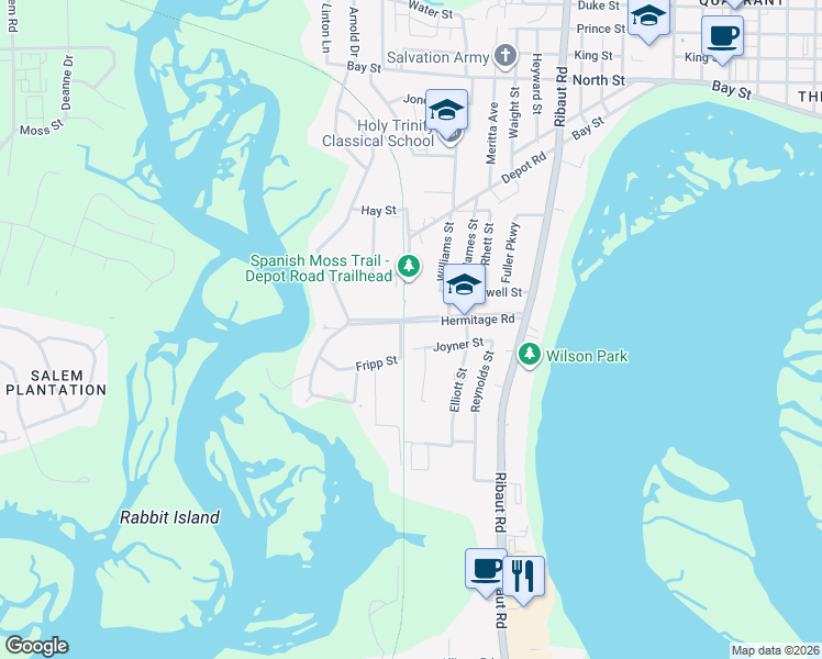 map of restaurants, bars, coffee shops, grocery stores, and more near 2500 Hermitage Road in Beaufort