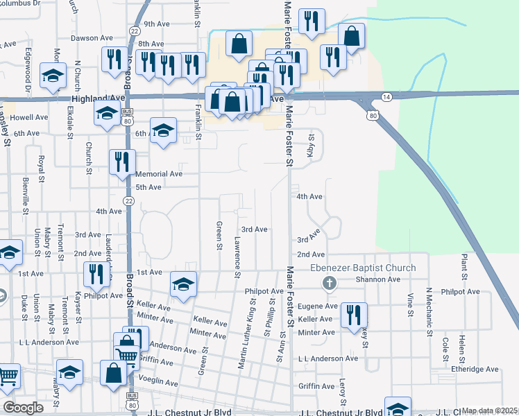map of restaurants, bars, coffee shops, grocery stores, and more near 1816 Martin Luther King Street in Selma