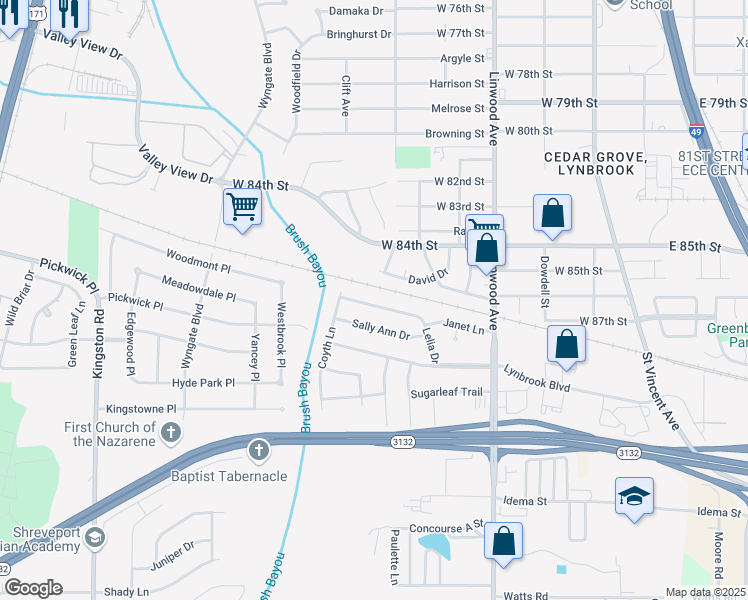 map of restaurants, bars, coffee shops, grocery stores, and more near 550 Janet Lane in Shreveport