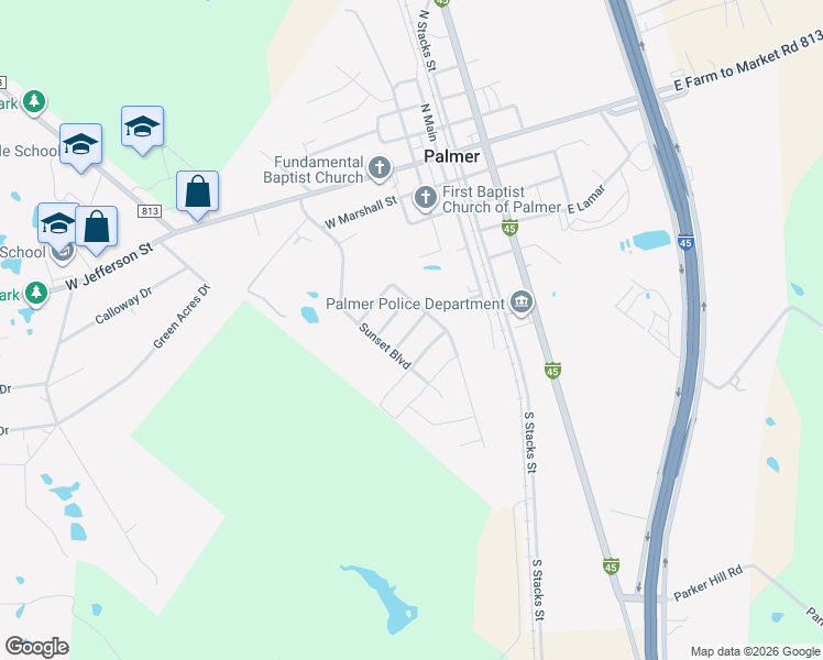 map of restaurants, bars, coffee shops, grocery stores, and more near 105 Hamblen Boulevard in Palmer