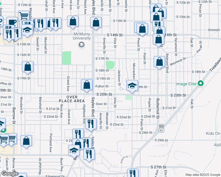 map of restaurants, bars, coffee shops, grocery stores, and more near 1925 Fulton St in Abilene