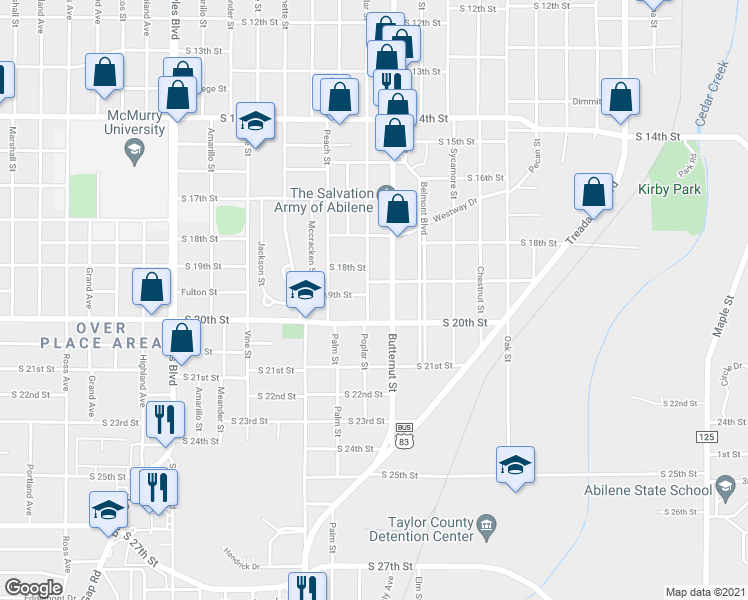 map of restaurants, bars, coffee shops, grocery stores, and more near 1925 Poplar Street in Abilene