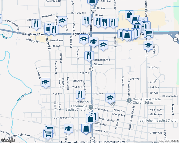 map of restaurants, bars, coffee shops, grocery stores, and more near 2001 Broad Street in Selma