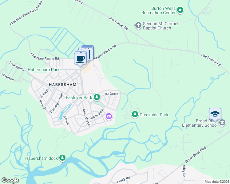 map of restaurants, bars, coffee shops, grocery stores, and more near 29 Mount Grace in Beaufort