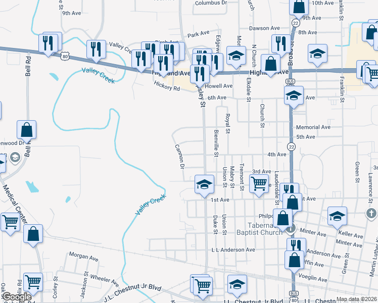 map of restaurants, bars, coffee shops, grocery stores, and more near 405 4th Avenue in Selma