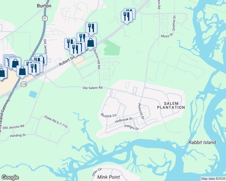 map of restaurants, bars, coffee shops, grocery stores, and more near 6 Rowell Lane in Beaufort