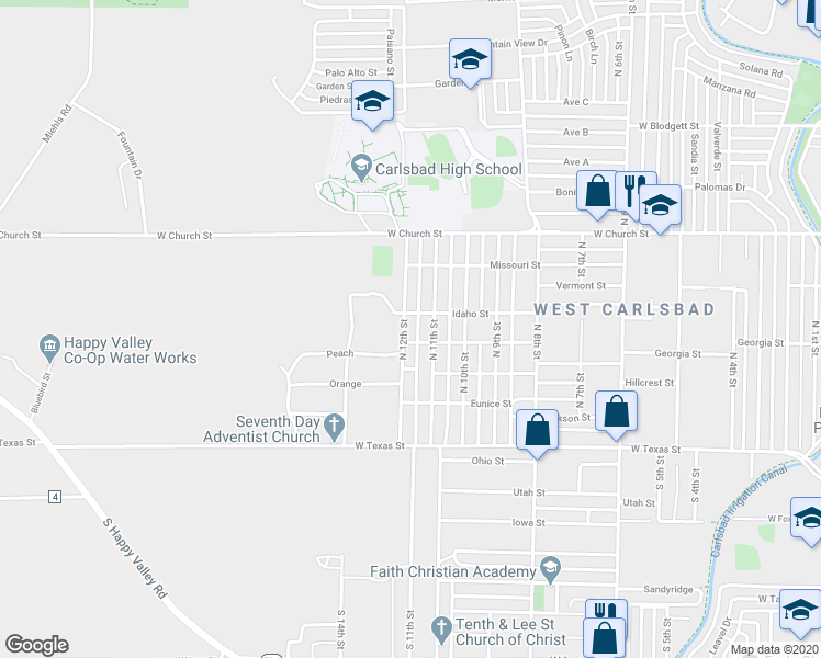 map of restaurants, bars, coffee shops, grocery stores, and more near 506 North 12th Street in Carlsbad