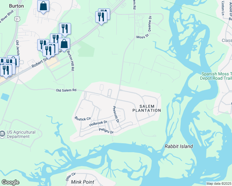 map of restaurants, bars, coffee shops, grocery stores, and more near 2234 Salem Road in Beaufort