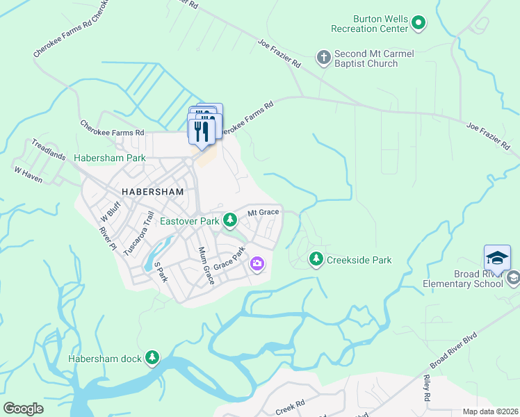 map of restaurants, bars, coffee shops, grocery stores, and more near 13 Mount Grace in Beaufort