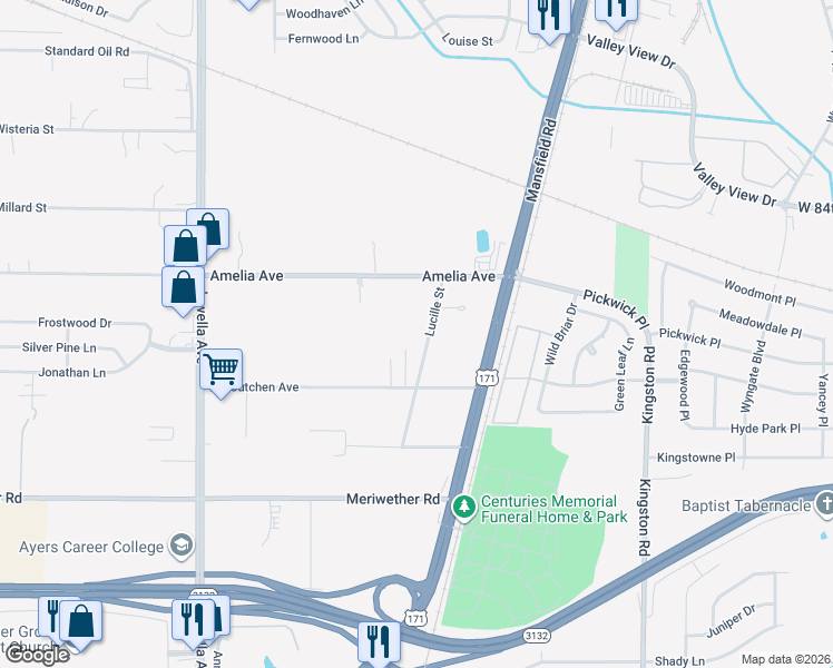 map of restaurants, bars, coffee shops, grocery stores, and more near 8120 Lucille St in Shreveport