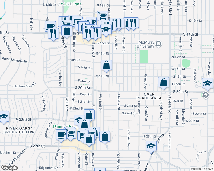 map of restaurants, bars, coffee shops, grocery stores, and more near 1958 Matador Street in Abilene