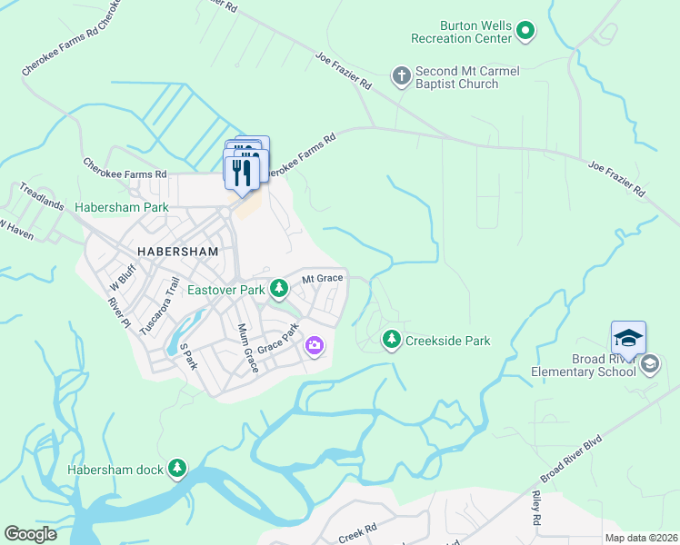 map of restaurants, bars, coffee shops, grocery stores, and more near 29 Mount Grace in Beaufort