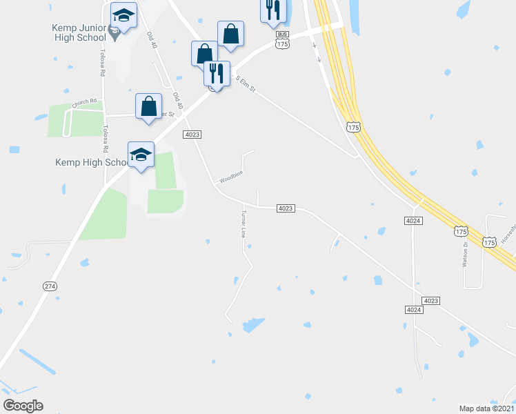 map of restaurants, bars, coffee shops, grocery stores, and more near 101 Smackover in Kemp