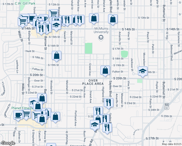 map of restaurants, bars, coffee shops, grocery stores, and more near 2341 Fulton Street in Abilene