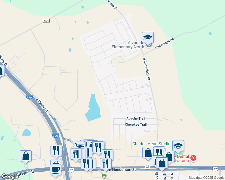 map of restaurants, bars, coffee shops, grocery stores, and more near 102 Rockhaven Drive in Alvarado