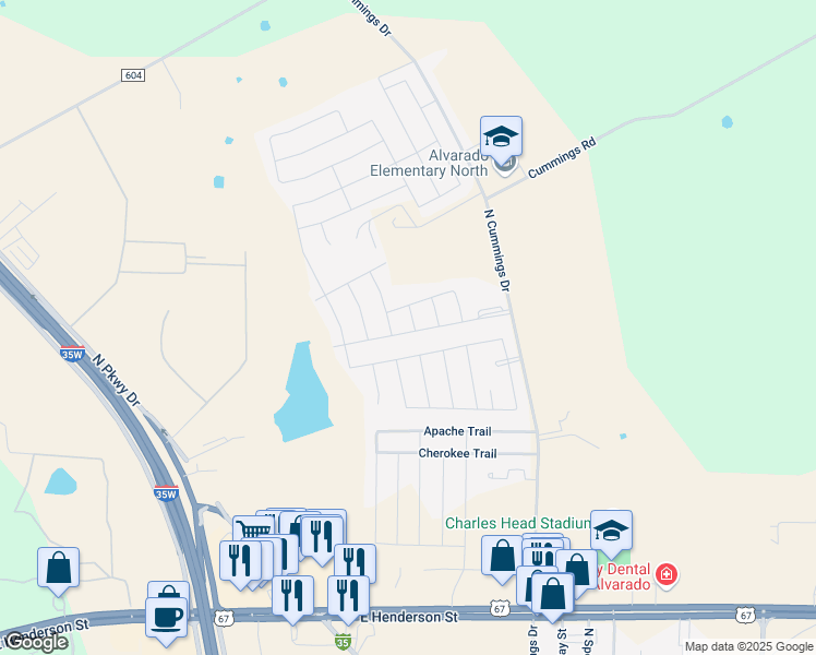 map of restaurants, bars, coffee shops, grocery stores, and more near 101 Stonewood Way in Alvarado