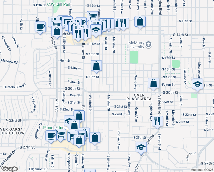 map of restaurants, bars, coffee shops, grocery stores, and more near 2733 Fulton Street in Abilene