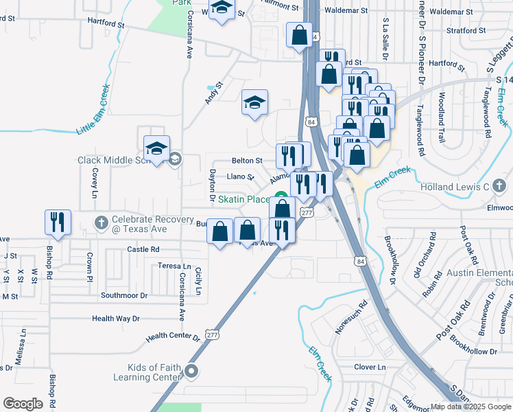 map of restaurants, bars, coffee shops, grocery stores, and more near 5241 Alamo Drive in Abilene