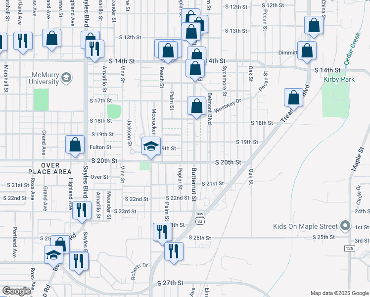 map of restaurants, bars, coffee shops, grocery stores, and more near 1925 Poplar Street in Abilene