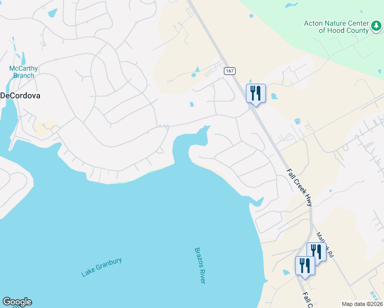 map of restaurants, bars, coffee shops, grocery stores, and more near 5004 Comanche Vista Court in Granbury