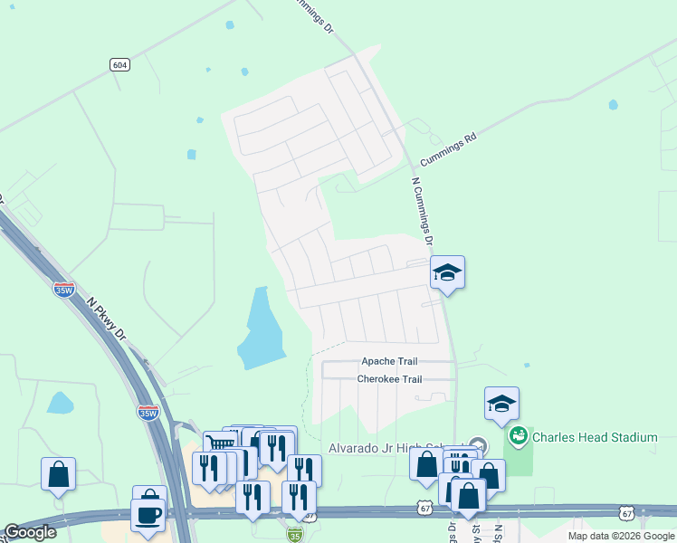 map of restaurants, bars, coffee shops, grocery stores, and more near 101 Stonewood Way in Alvarado