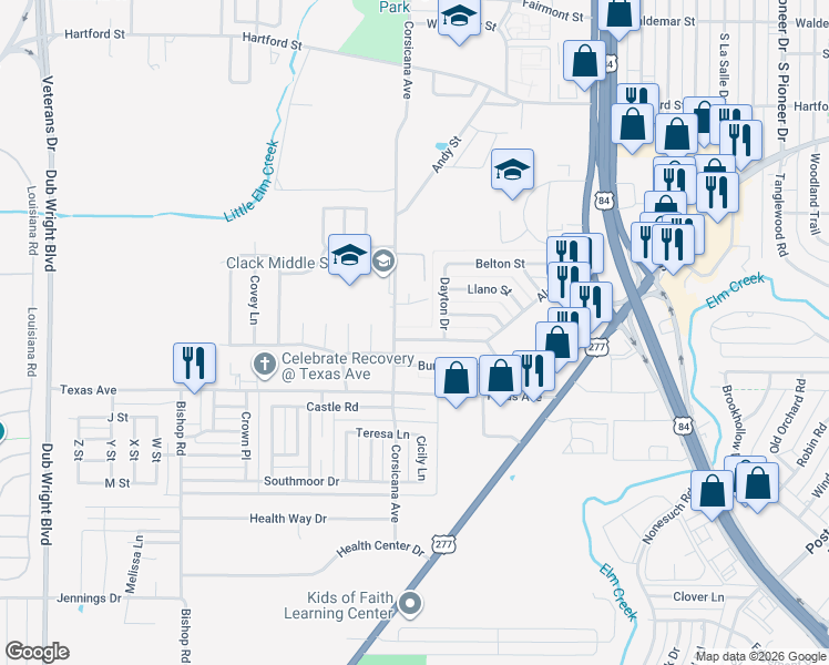 map of restaurants, bars, coffee shops, grocery stores, and more near 5397 Alamo Drive in Abilene