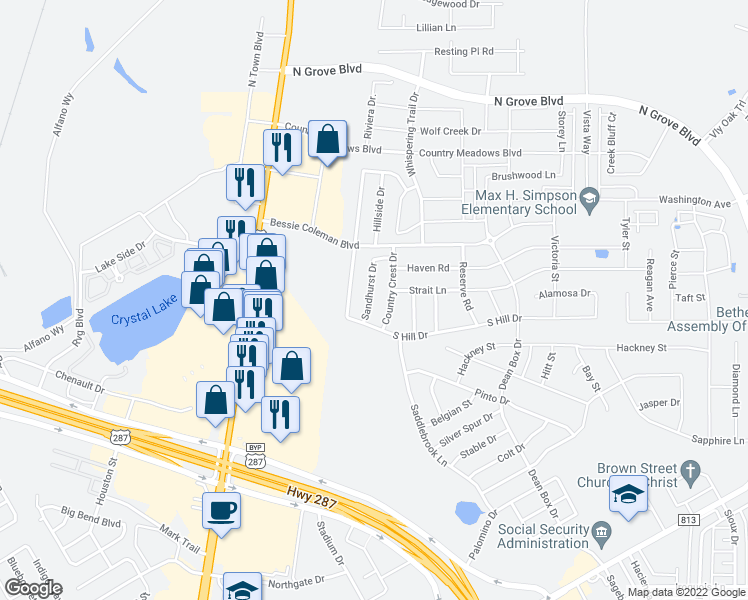 map of restaurants, bars, coffee shops, grocery stores, and more near 1570 Sandhurst Drive in Waxahachie