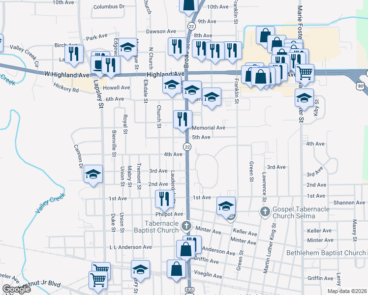 map of restaurants, bars, coffee shops, grocery stores, and more near 2001 Broad Street in Selma