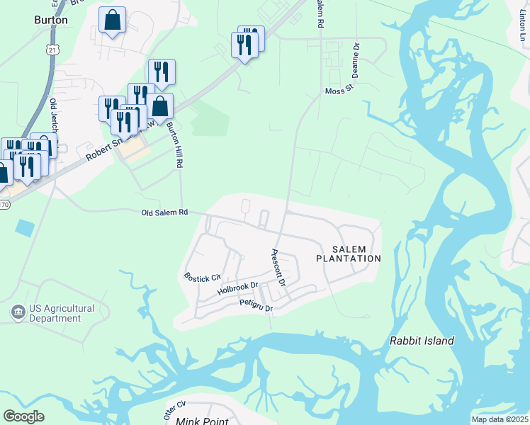 map of restaurants, bars, coffee shops, grocery stores, and more near 2234 Salem Road in Beaufort