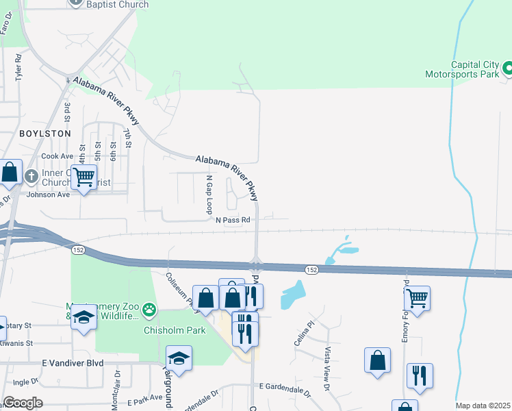 map of restaurants, bars, coffee shops, grocery stores, and more near 691 North Pass Road in Montgomery