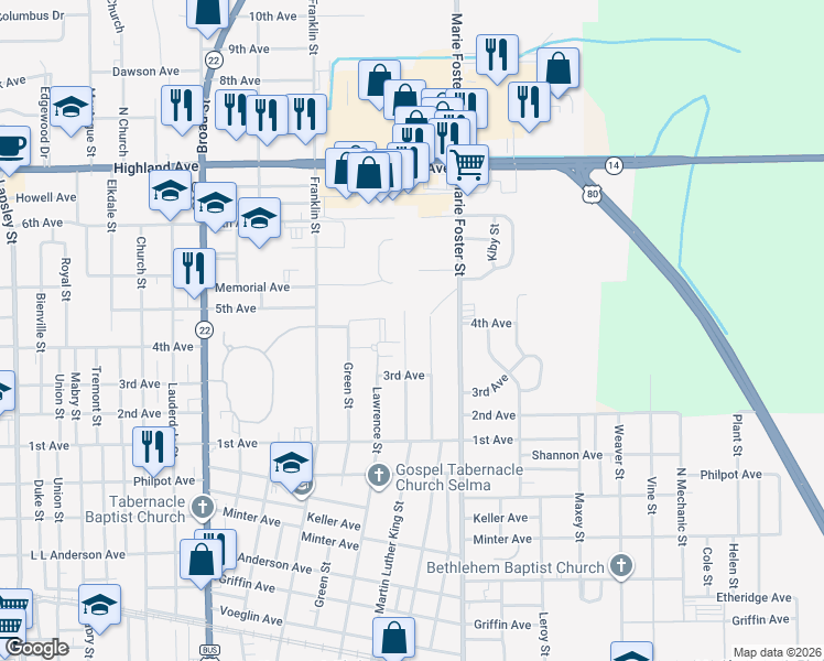 map of restaurants, bars, coffee shops, grocery stores, and more near 1816 Martin Luther King Street in Selma