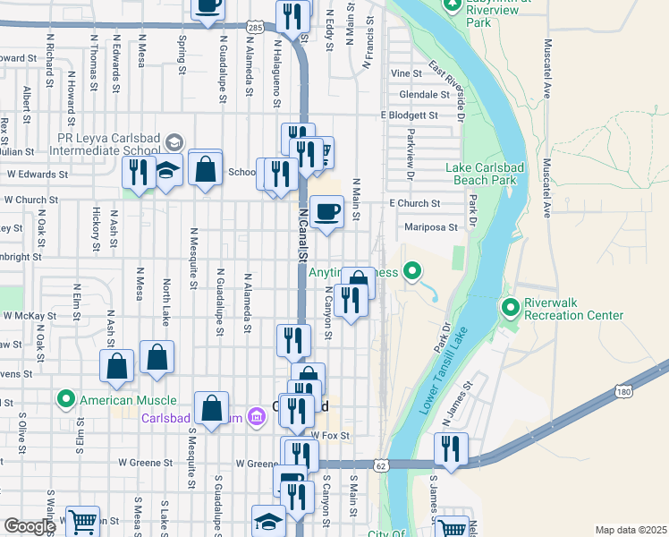 map of restaurants, bars, coffee shops, grocery stores, and more near 512 North Canyon Street in Carlsbad