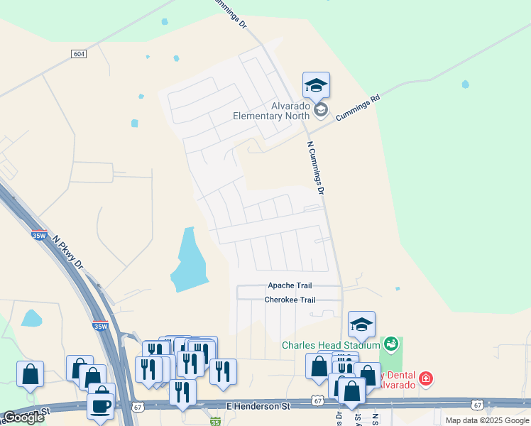 map of restaurants, bars, coffee shops, grocery stores, and more near 101 Stonewood Way in Alvarado