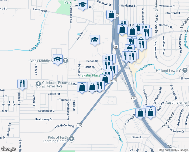 map of restaurants, bars, coffee shops, grocery stores, and more near 5241 Alamo Drive in Abilene