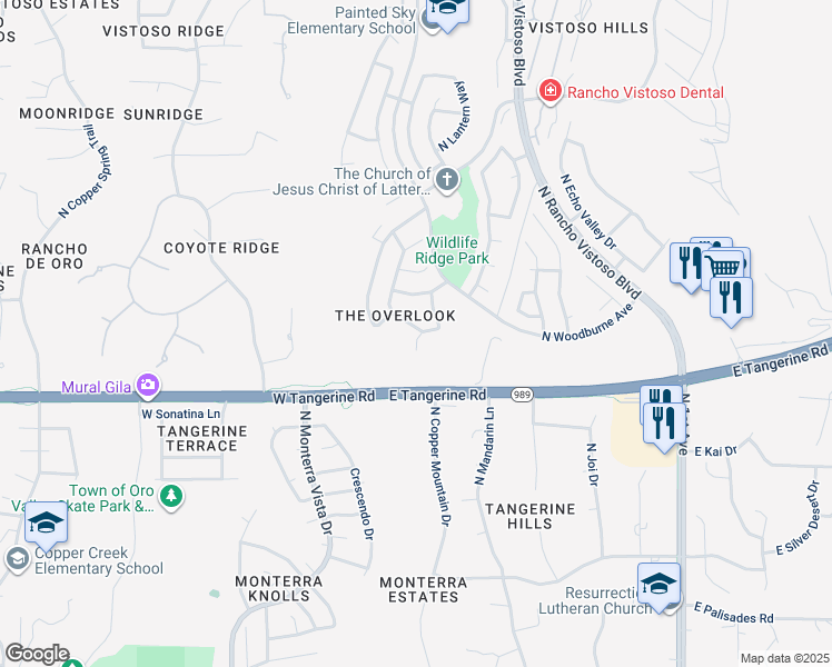 map of restaurants, bars, coffee shops, grocery stores, and more near 12117 North Makayla Canyon Drive in Oro Valley